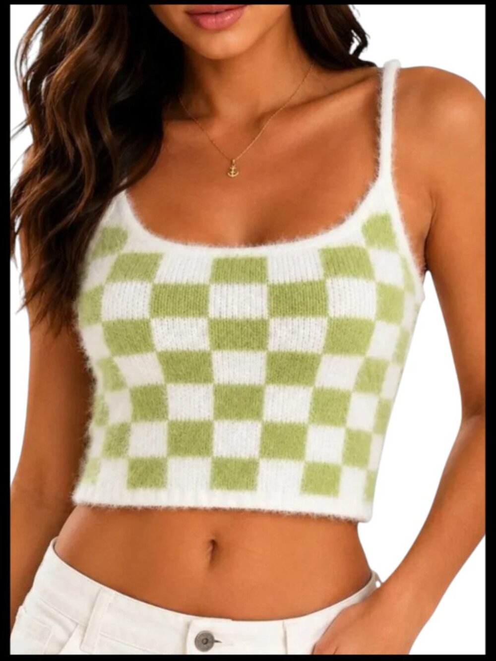 LA Hearts Crop Tank Green White Checkerboard Fuzzy Knit XS